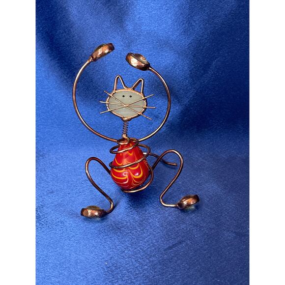 Copper Wire Whimsical Cat Sculpture with Colorful Glass Accent - Picture 2 of 7